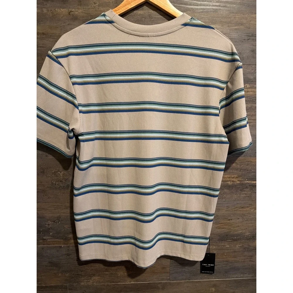 Tiny Tribe Australia Kids Ribbed Striped T-Shirt Tan Blue Green Size 12 NEW